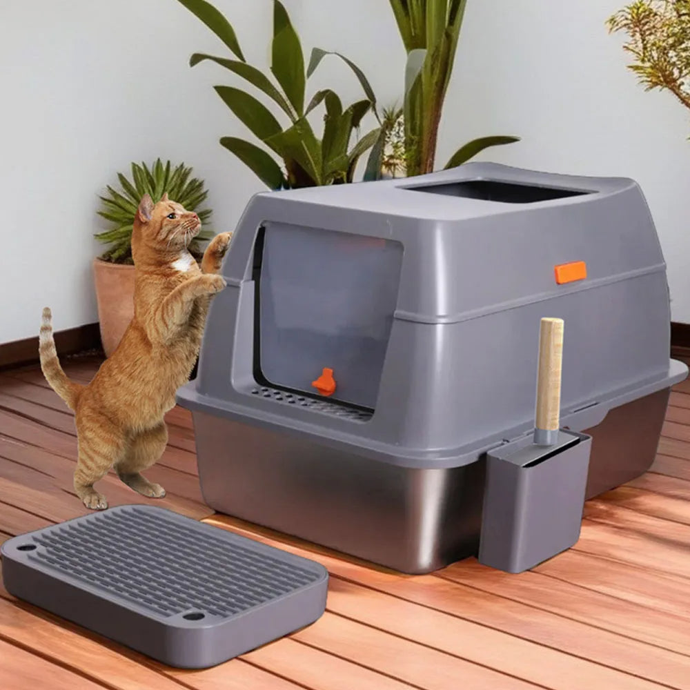 Stainless Steel Covered Cat Litter Box with Accessories