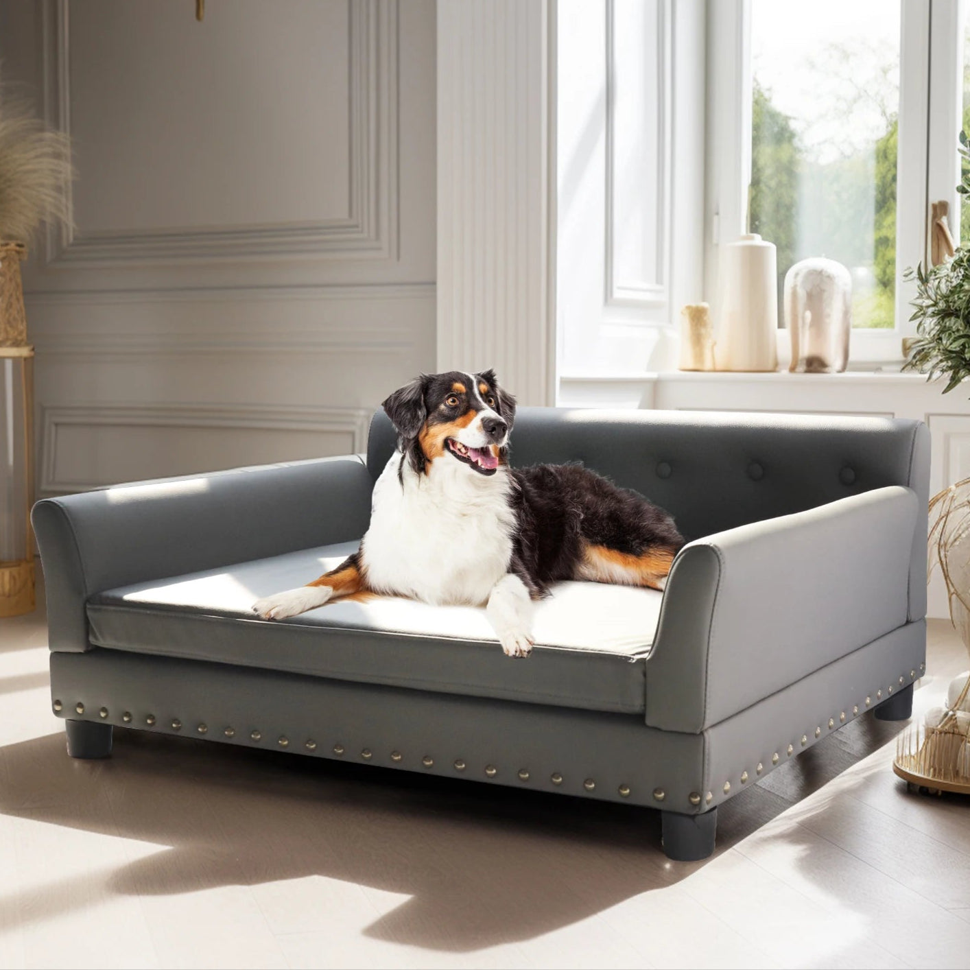 Fake Leather Large Dog Pet Bed Plush Brown