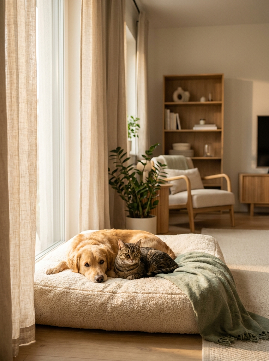 A dog and cat resting together at home