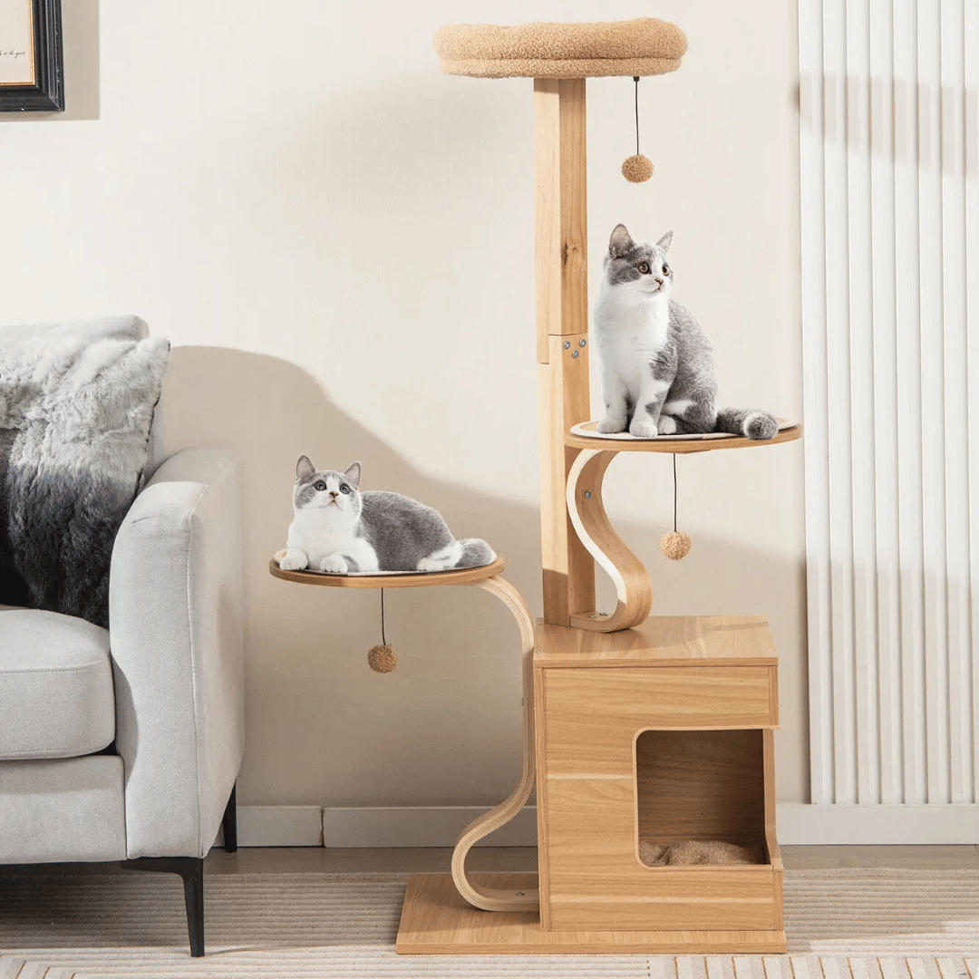 Wooden Cat Tower Soft Perches Hideaways