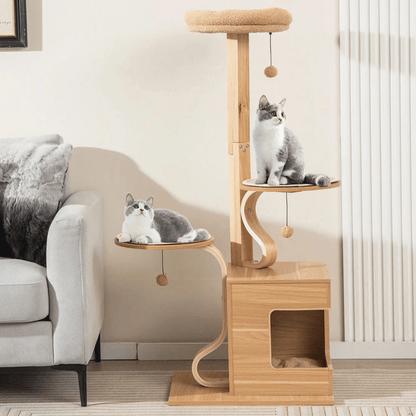 Wooden Cat Tower Soft Perches Hideaways