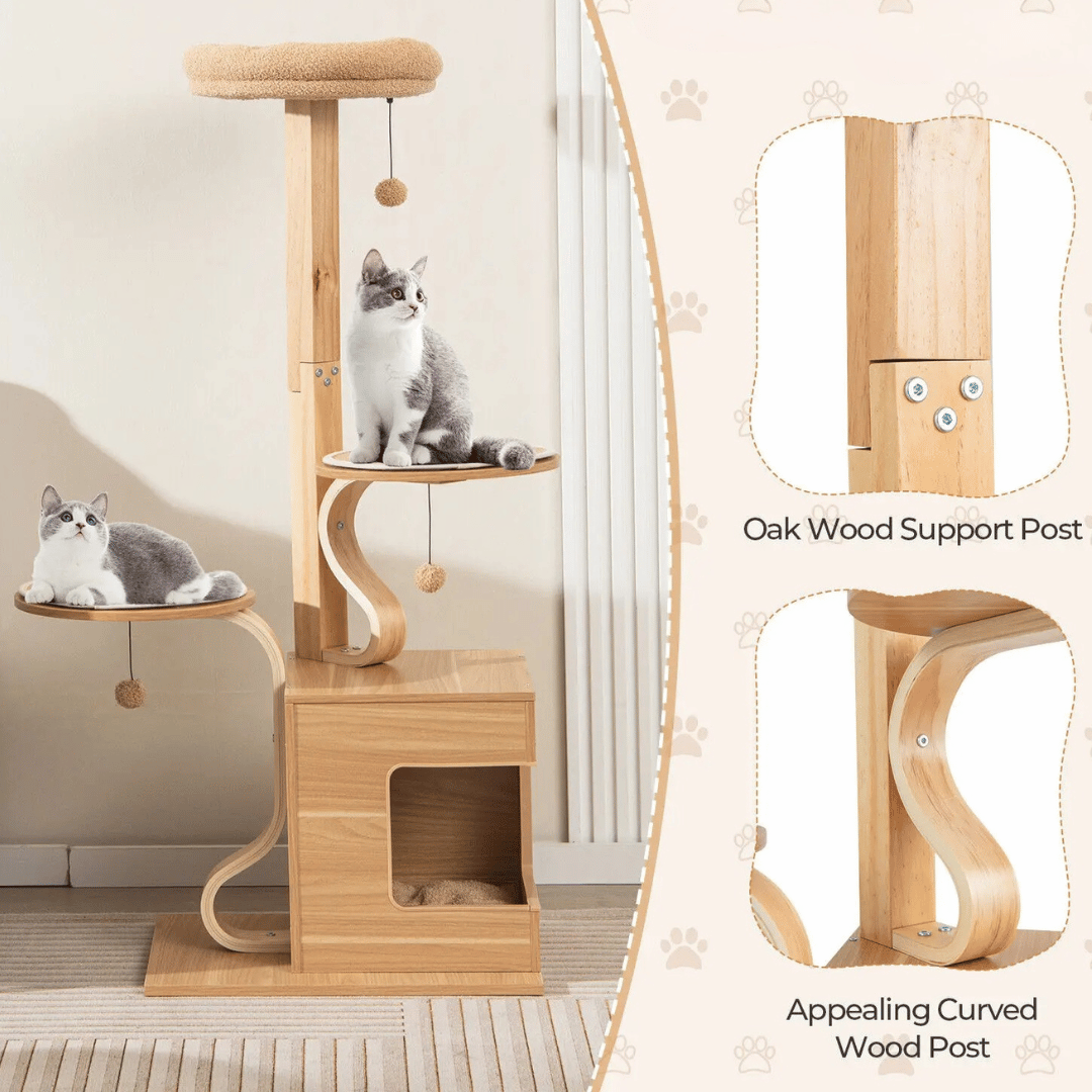 Wooden Cat Tower Soft Perches Hideaways