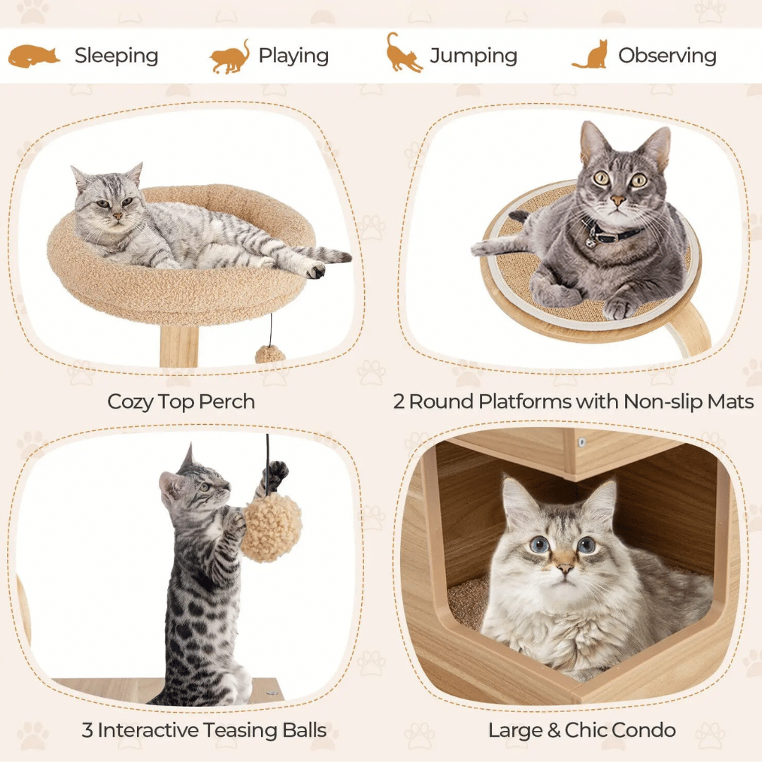 Wooden Cat Tower Soft Perches Hideaways